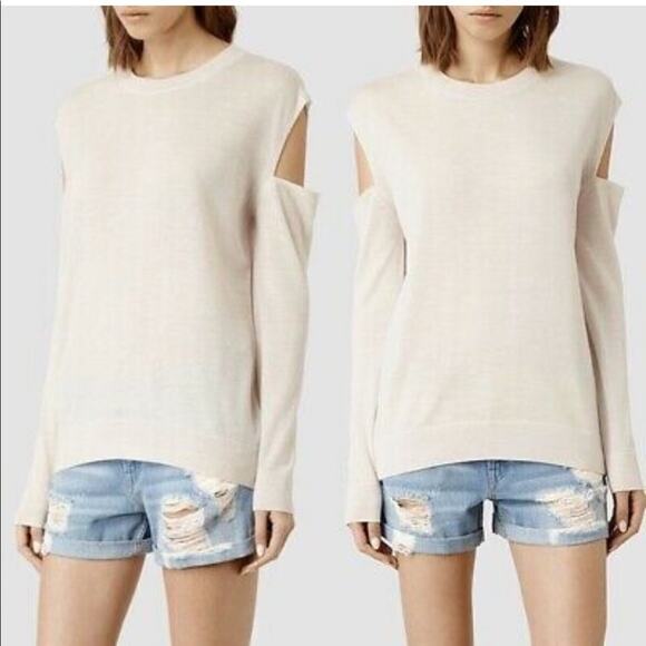 All Saints Elton Cream Merino Wool Sweater XS Cut Out Shoulder Lightweight - Picture 12 of 12